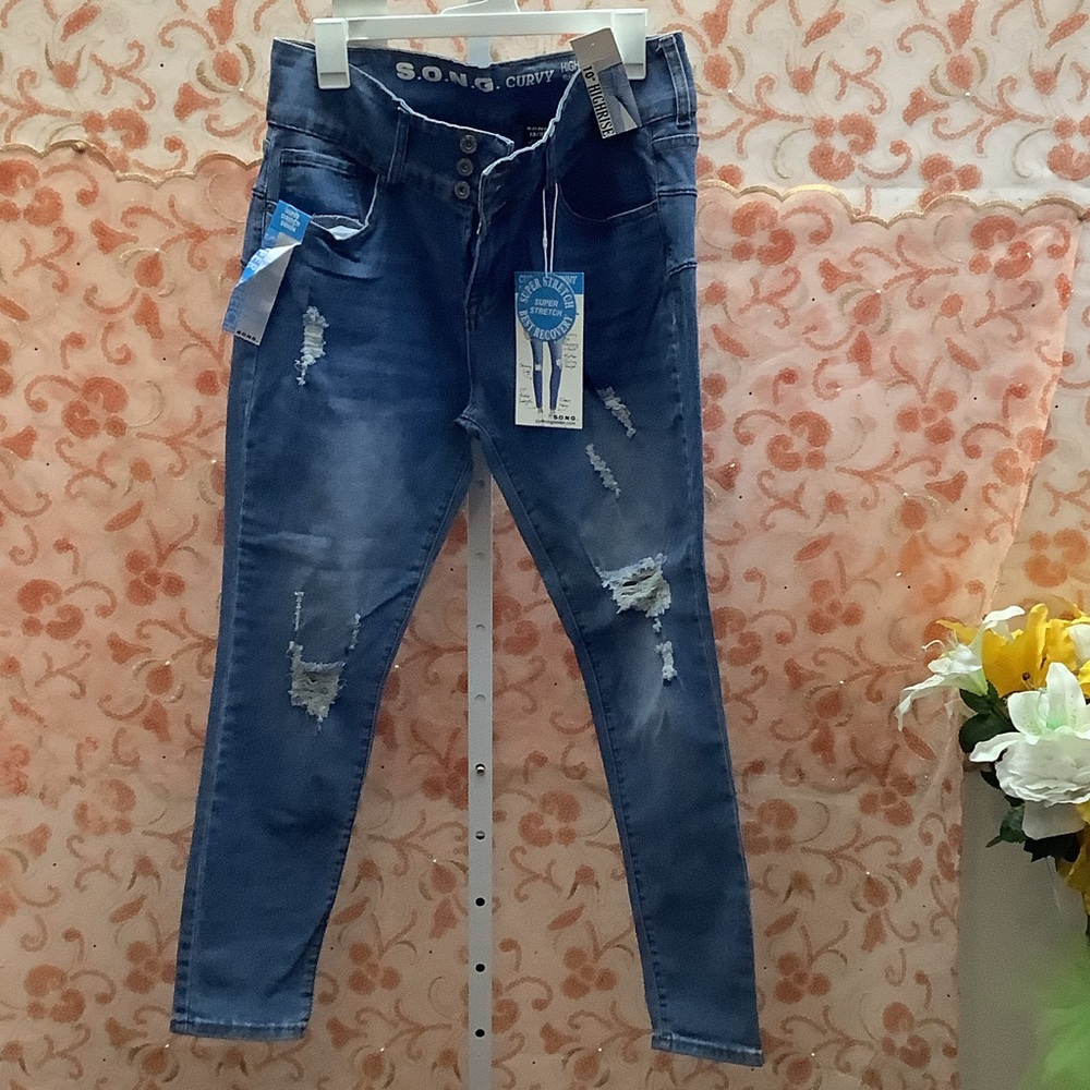 SONG Women's Distressed Blue Skinny Jeans